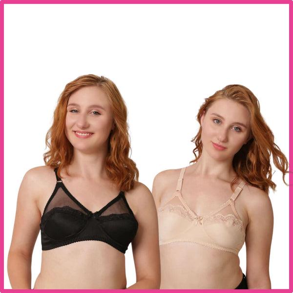 Pack Of 2 (Black & Beige) - Lilac - Half Cup Embroidered Mesh Wirefree Non-Padded Bra