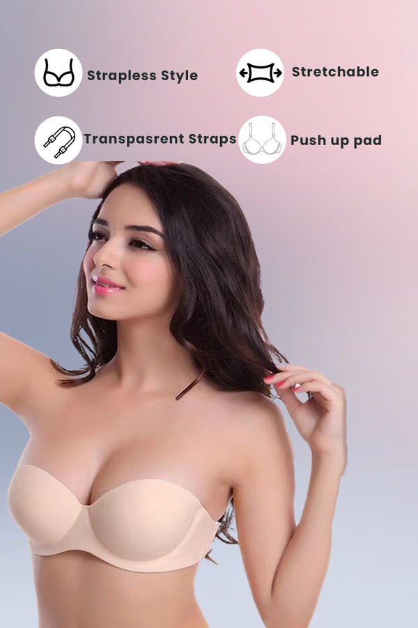 Skin Pushup Strapless Bra with 2 pairs of Transparent and Adjustable Straps