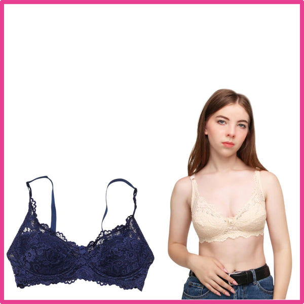 Pack Of 2 (Blue & Skin) - Broom - Wired / Non-Wired Light Padded European Lace Bra