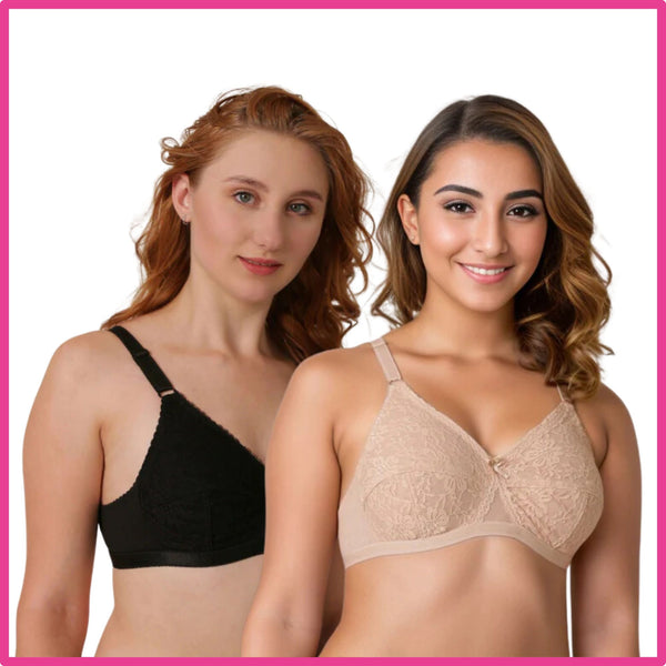 Pack Of 2 (Skin & Black) - Nettle - Knitted Cotton Non-Padded Wirefree Bra with Lace Touch