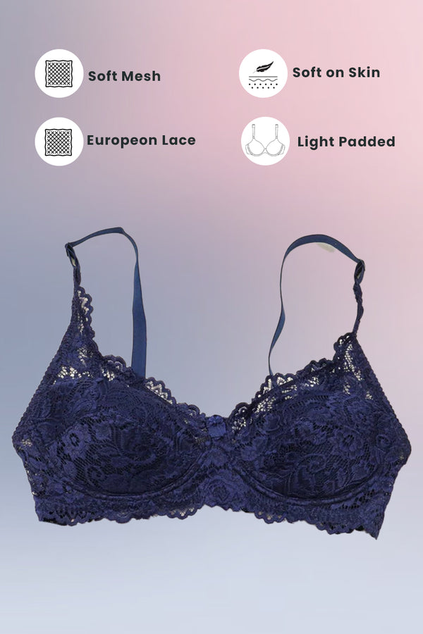 Blue Broom - Wired / Non-Wired Light Padded European Lace Bra