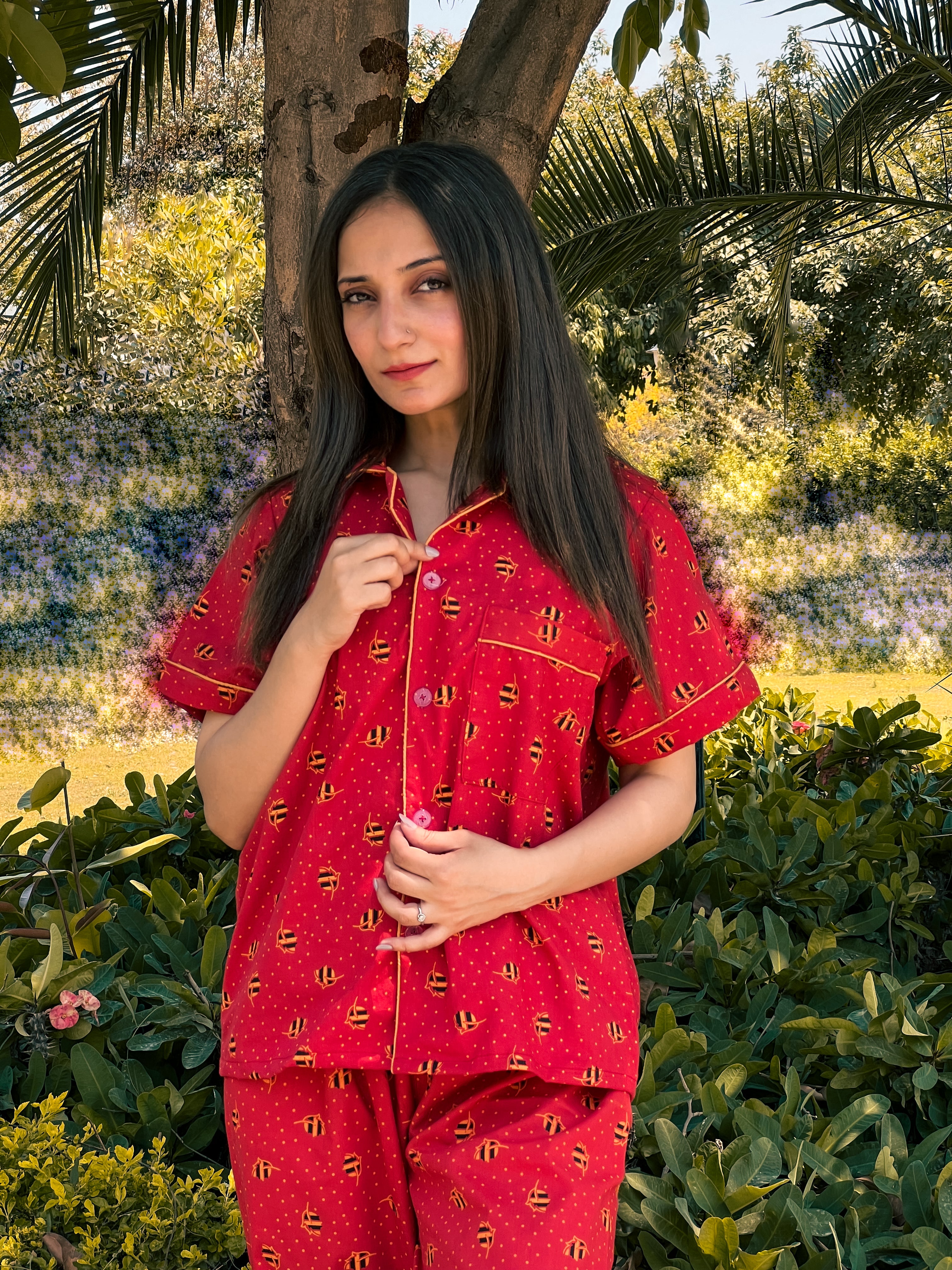 Premium Pima Cotton Button-Down Printed Shirt & PJ Set - Red