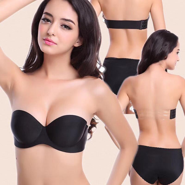 Black Pushup Strapless Bra with 2 pairs of Transparent and Adjustable Straps