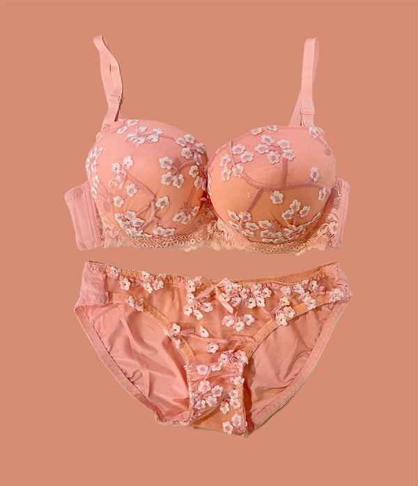 Peach and White Wedding Padded Bra and Panty Set