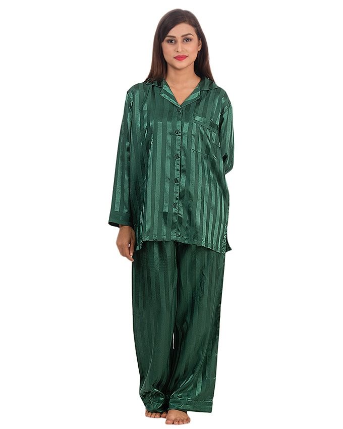 Silk Print Shadow Stripe Loungewear - Green