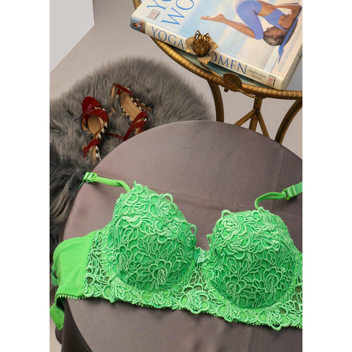 Parrot-Green Touch-Me-Not - Half Cup Wired / Non-Wired Light Padded Embroidered Bra - Espicopink
